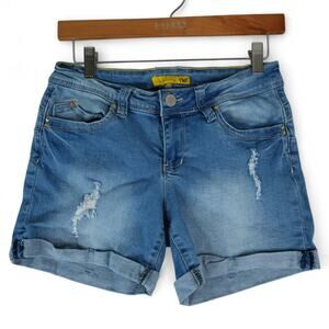 YMI Wanna Betta Butt Jean Shorts Womens 7 Blue Distressed Stretch Rolled Cuff